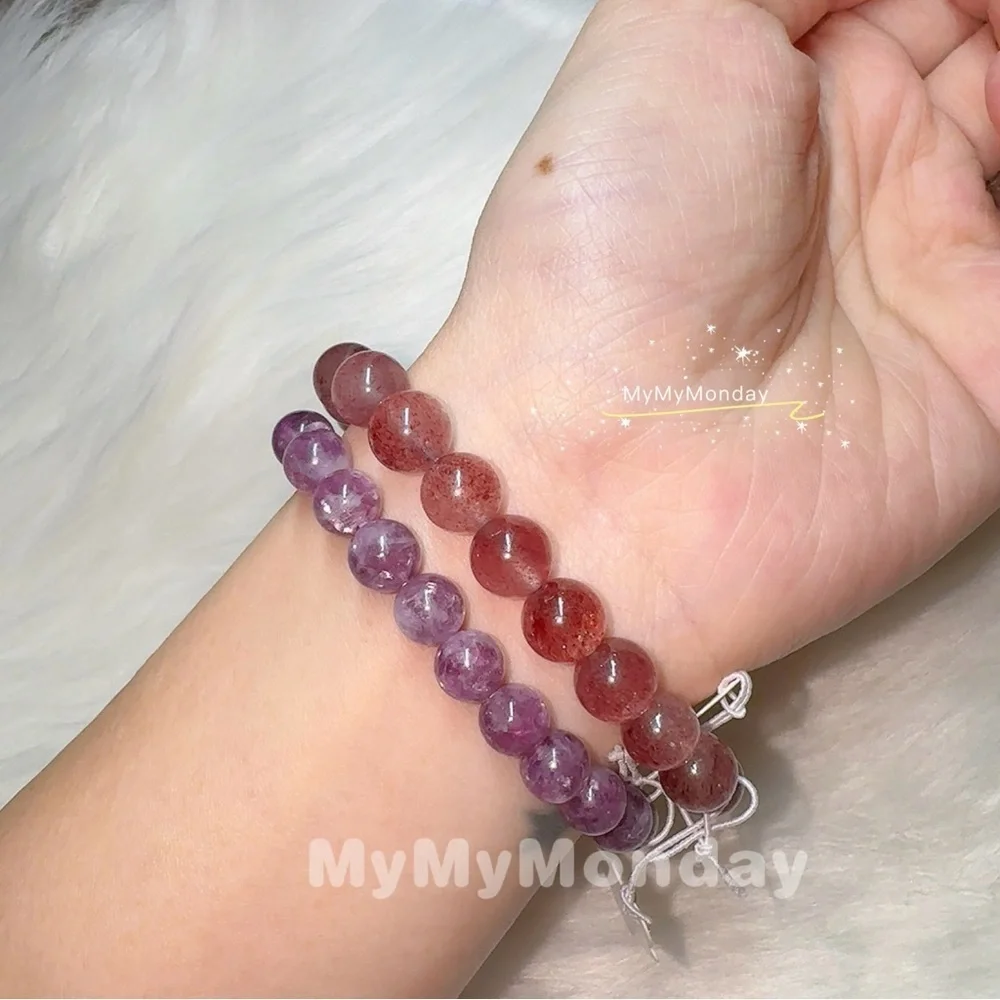 Strawberry Quartz Bracelet 8mm And Lepidolite Bracelet 7mm Bundle